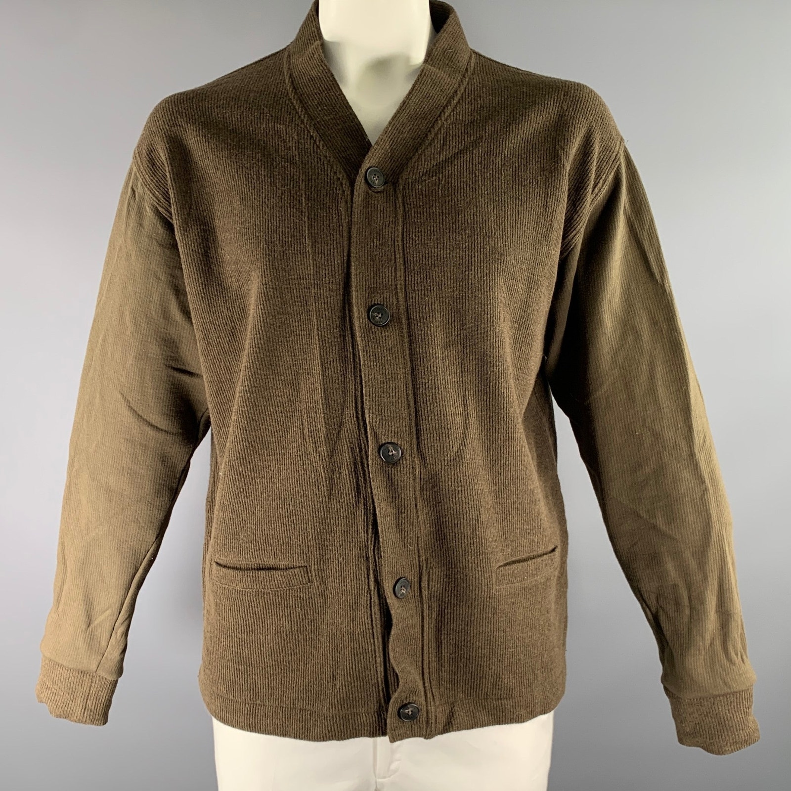 Kestin Size L Green Olive Knitted Wool Blend Buttoned Cardigan
